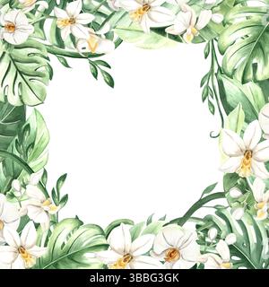 Tropische Blätter und weiße Orchideenblüten isolierte Illustration des Rahmens. Postkartenvorlage für Regenwald-Designs. Handgezeichnete Monstera Stockfoto