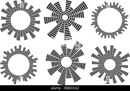 Kreisförmiger Equalizer für Klangmusik. Symbole für radiale Audiosignale auf weißem Hintergrund. Vektorrunde abstrakte Grafik von Stimme und Echo. Geometrischer Balken für Frequenz Stock Vektor