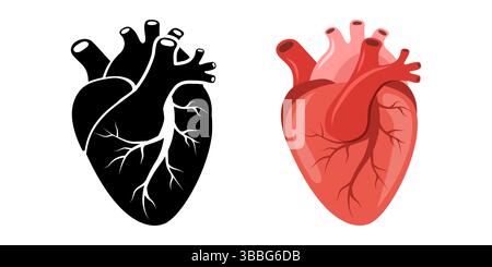 Symbol des menschlichen Herzens. Rotes und schwarzes internes Organ. Kardiologie und Anatomie. Medizinische Vektor-Illustration im flachen Cartoon-Stil Stock Vektor