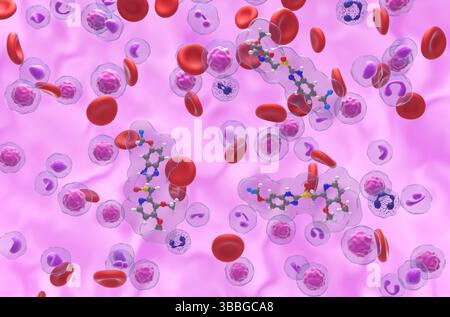 Pantoprazol im Blut - isometrische 3D-Darstellung Stockfoto
