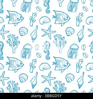 Vektor nahtlose Hand gezeichnetes Umrissmuster mit Muscheln und Fischen Stock Vektor