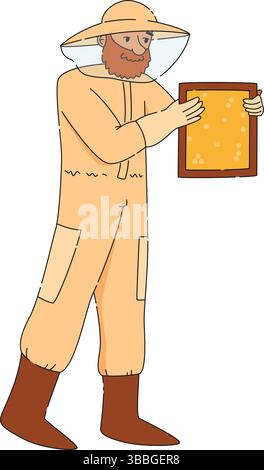 Mann Imker im Schutzanzug, der hölzernen Bienenstock-Rahmen mit Waben hält, Zeichentrick flache Vektor-Illustration auf weißem Hintergrund Stock Vektor