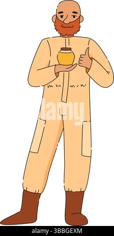 Männlicher Imker im Schutzanzug, der ein Glas Honig hält und Daumen nach oben zeigt, Zeichentrick flache Vektor-Illustration lokalisiert auf weißem Hintergrund Stock Vektor