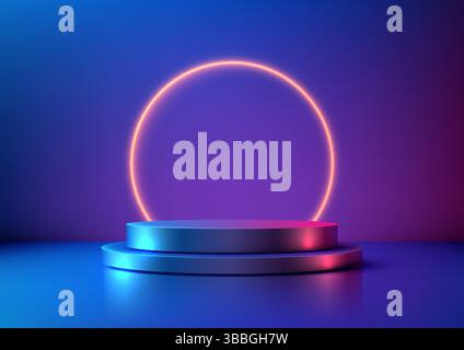 Futuristisches rundes 3D-Podium mit leuchtendem blau-violettem Verlauf und einem leuchtend orangefarbenen Kreis hinter der eleganten Metallic-Plattform, High te Stock Vektor