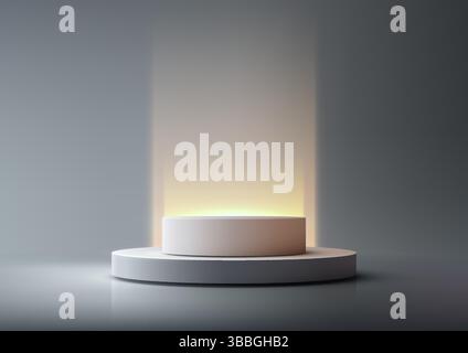 Sanft beleuchtetes, zylindrisches weißes Podium in 3D-Optik auf kreisförmigem Boden vor grauem Hintergrund, leuchtender Lichtstrahl für minimalistische, moderne Produktpräsentation Stock Vektor