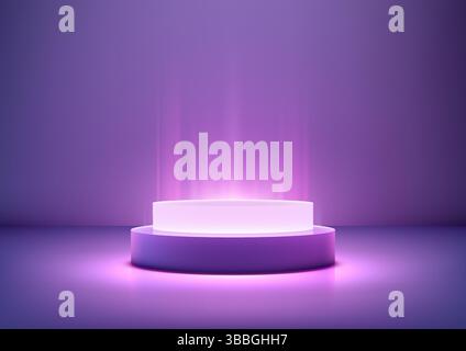 Leuchtendes leeres zylindrisches 3D-Podium in einem violett beleuchteten futuristischen Raum, beleuchtet durch nach oben gerichtete Lichtstrahlen. Minimalistisches Technologiekonzept für die Produktentwicklung Stock Vektor