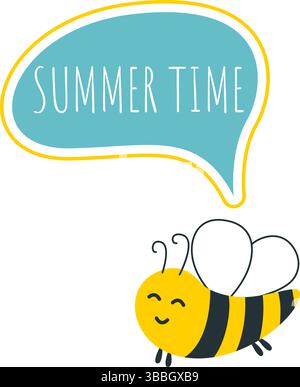 Die süße Biene sagt, es ist Sommerzeit. Lustige Bienenfigur im Flug. Niedliche saisonale Illustration, Vektorgrafiken Stock Vektor