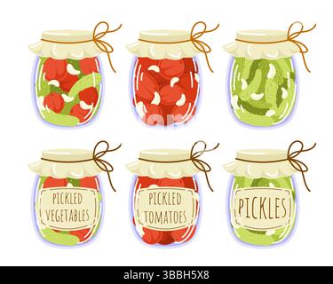 Kollektion eingelegtes Gemüse im flachen Stil. Marinierte Gurke, Tomaten, Knoblauch. Im Herbst marinieren Sie Lebensmittel in einem Gefäß mit Etiketten. Abbildung isoliert auf A Stock Vektor