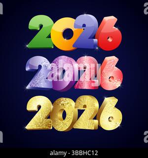 Set mit kreativen Symbolen für Neujahr 2026. Sammlung von Web-Bannern. Goldener Glitzer und farbenfrohes Design. Schneidemaske mit glänzender Idee Stock Vektor