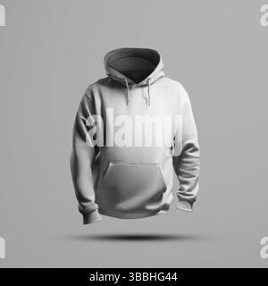 Modell eines weißen übergroßen Herren Hoodies, 3D-Rendering, Vorderansicht, isoliert auf einem Hintergrund. Vorlage einer modischen Streetwear mit Tasche und Krawatten Stockfoto