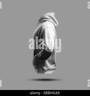 Modell eines weißen übergroßen Herren Hoodies, 3D-Rendering, Seitenansicht, mit Händen in Taschen, isoliert auf Hintergrund. Vorlage für Freizeitkleidung für Desi Stockfoto