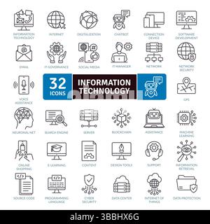 Information Technology Icon Collection: 32 Digital Innovation Line Graphics Stock Vektor