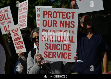 LONDON, GROSSBRITANNIEN. Mai 2025. Christian Concern lehnt das Gesetz zur Unterstützung von Selbstmord ab, wird entscheiden, ob es außerhalb des Parlaments legal wird, in London, Großbritannien, nein zu sagen. (Foto von 李世惠/siehe Li/Picture Capital) Credit: Siehe Li/Picture Capital/Alamy Live News Stockfoto