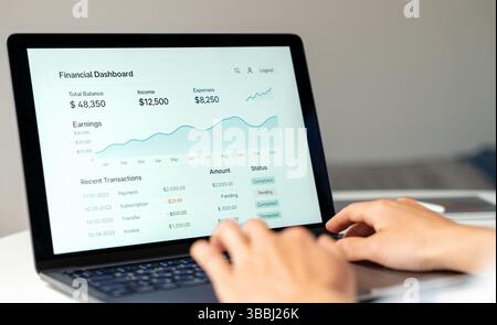 Person, die Finanzen über Online-Banking auf einem Laptop verwaltet. Stockfoto