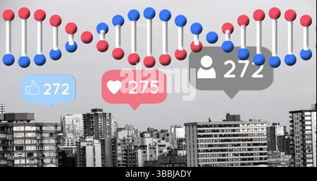 Bild des dna-Strangs über der Stadtlandschaft Stockfoto