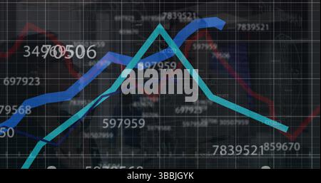 Anzeigen von Trends für Finanzliniendiagramme auf der Dashboard-Oberfläche mit blauer Linie, blauer Linie und Zahlen Stockfoto