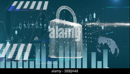 Bild von Online-Sicherheitsvorhängeschloss, Statistiken und Verarbeitung von Finanzdaten über Stadt Stockfoto