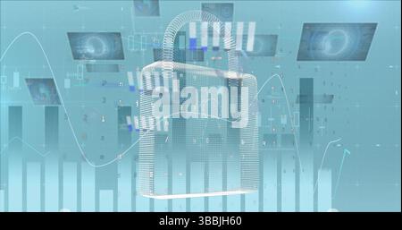 Bild von Online-Sicherheitsvorhängeschloss, Statistiken und Verarbeitung von Finanzdaten über Stadt Stockfoto