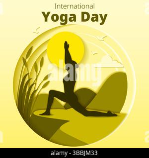 Internationaler Yoga-Tag. Quadratische Schablone. Anjaneyasana-Pose. Halbmond Ausfallschritt auf dem Knie. Papierschnitt. Isolierte Vektordarstellung Stock Vektor