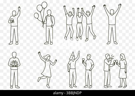 Minimalistische Line Art of People Celebrating – Party & festliche Momente Vektor-Set Stock Vektor