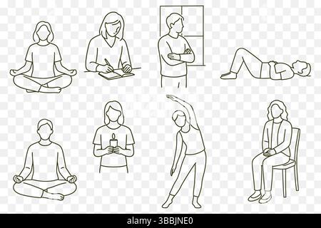 . Minimalistisches Wellness & Self-Care Line Art Set – Meditation, Journaling und achtsame Aktivitäten Stock Vektor
