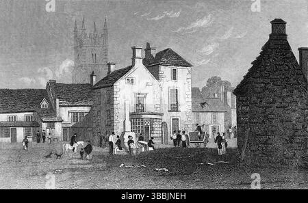 Stow in the Wold, einer charmanten Marktstadt in den Cotswolds, England, bekannt für ihren historischen Marktplatz, der hier gezeigt wird. Von einer Zeichnung und einem Stich von Dugdales, um 1820. Aus einem viktorianischen und edwardianischen Scrapbook, das scheinbar von einer unbenannten Person zusammengestellt wurde. Stockfoto