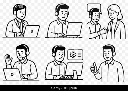 Illustrationsset für Kundensupport und Call Center-Agenten – Headset, Chat und technische Hilfe Stock Vektor