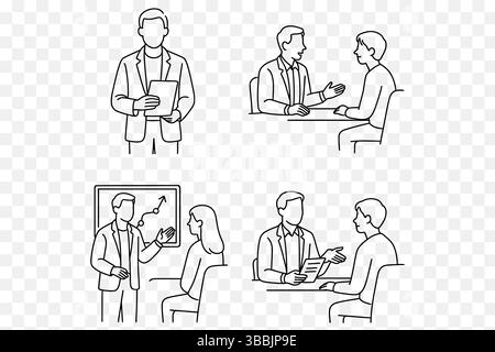 Business Coaching & Consulting Line Art Set – Unternehmensstrategie und Vektoren für Kundenmeetings Stock Vektor