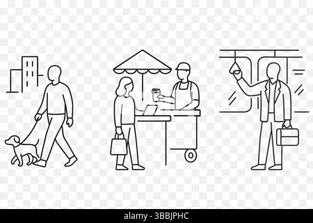 Minimalistisches Urban Life Line Kunstset – Hundewanderung, Straßenhändler Und Metro-Pendler Stock Vektor