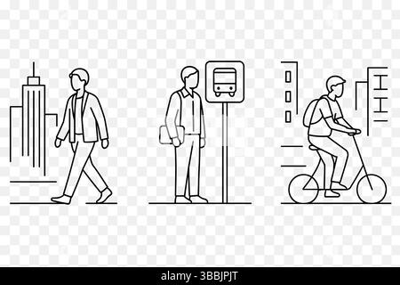 Urban Commute Line Art Set – Illustrationen Zu Fuß, Radtouren Und Bushaltestellen Stock Vektor