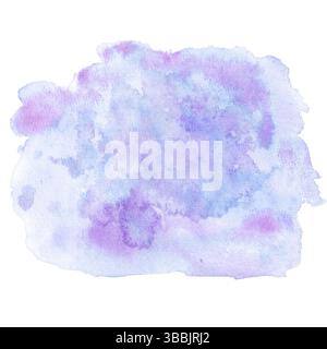 Sanfte violette, lila und blaue Aquarellflecken mit Spritzern. Aquarellhintergrund. Zusätzliche Konstruktionselemente. Handgezeichnete Aquarellillustration. Stockfoto