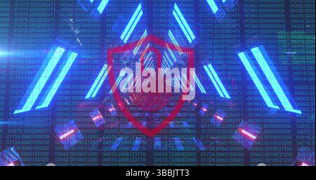 Sicherheitsvorhängeschloss über Schild-Symbol gegen leuchtenden Tunnel und Datenverarbeitung mit binärer Codierung Stockfoto
