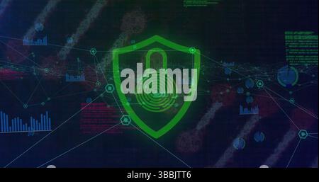 Sicherheitsvorhängeschloss über Schutzsymbol gegen Netzwerk von digitalen Symbolen und Datenverarbeitung Stockfoto