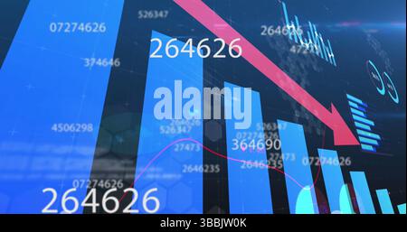 Anzeige blauer Balken mit Trend nach unten im Dashboard auf Lager, mit rotem Pfeil und rosafarbenen Trendüberlagerungen Stockfoto