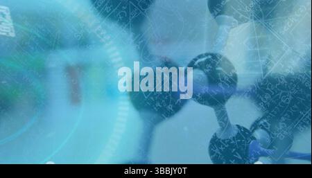 Bild der Datenverarbeitung und mathematischer Gleichungen über molekularem Modell Stockfoto