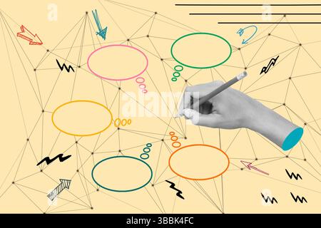 Collage einer Frau, die mit Bleistift auf gelbem Hintergrund mit farbigen Denkblasen schreibt Stockfoto