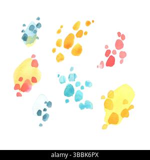 Ein Aquarellset mit isolierten Farbflecken und Pinselstrichen in Gelb-, Rot- und Türkis-Blau-Tönen. Ideal für kreative und künstlerische Designs Stockfoto