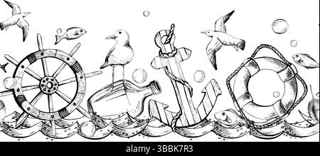 Schiffslenkrad, Rettungsschwimmer, gestreifter Anker, Flasche Rum mit Möwe, fliegende Möwen, Fische, Angelschwimmer, Blasen, die auf dem Wasser schwimmen. Handgezeichnet Stock Vektor