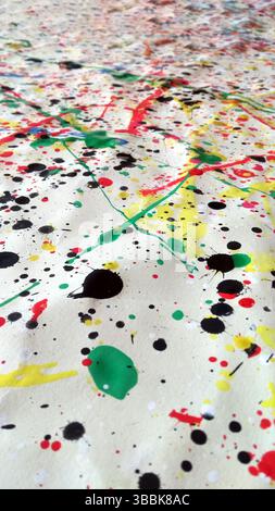 Nahaufnahme lebendiger abstrakter Splatter-Malerei mit schwarzer, roter, gelber, grüner und blauer Tinte auf zerknittertem weißem Papier, die Energie und künstlerischen ausdruck weckt Stockfoto