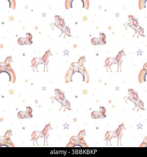 Nahtloses Aquarellmuster mit Einhorn und mehrfarbigen Sternen. Handgezeichnete Illustrationen des Hintergrunds für Kindertagetapeten, Babytextilien oder Stockfoto