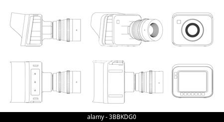 Ein Kameraobjektiv wird in verschiedenen Phasen der Montage gezeigt. Das Bild besteht aus einer Reihe von Punkten, wobei jeder Punkt einen anderen Teil des Objektivs darstellt. Die Punkte Stock Vektor