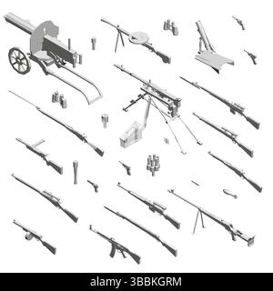 Eine Sammlung von Waffen und Waffen wird auf weißem Hintergrund gezeigt. Die Waffen sind in verschiedenen Größen und Positionen angeordnet, wobei einige vertikal angeordnet sind Stock Vektor