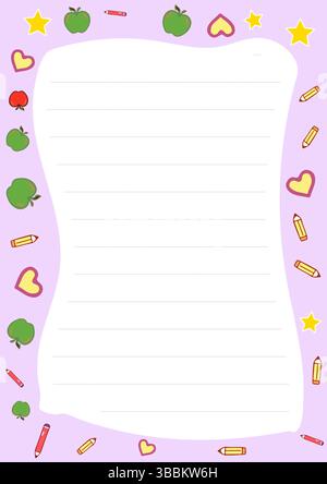 Entzückendes Schreibwarendesign mit Äpfeln Bleistiften Herzsternen lila Hintergrund perfekt für Notiznotizen oder Briefschreiben Stock Vektor