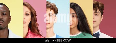Collage verschiedener Halbgesichter von Menschen mit ruhigen Gefühlen vor farbigem Hintergrund. Verschiedene ethnische Zugehörigkeit, Geschlecht und Alter. Stockfoto