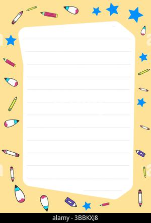 Niedliches Schreibwarendesign mit einem gefütterten Notizblock, der von farbenfrohen Bleistiften und Sternen eingerahmt wird, perfekt für Notizen und Zeichnungen von Kindern Stock Vektor