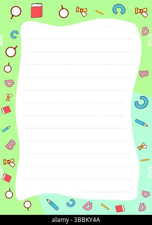 Niedliches Schreibwaren Papier Design mit Buchstaben und Schulzubehör perfekt für Kinder Notizen und Zeichnungen Stock Vektor