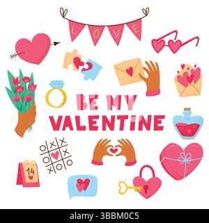 Niedliches Set zum Valentinstag auf weißem Hintergrund. Februar. Herzen, Buchstaben, Ring und andere Elemente Stock Vektor