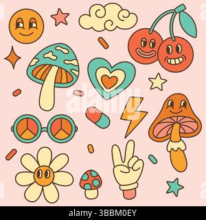 Retro 70er Jahre psychedelische Vektorset. Flippige, groovige Hippie-Elemente in Zeichentrickfilmen. Pilze, Blumen, Kirschen, Sonnenbrille Stock Vektor
