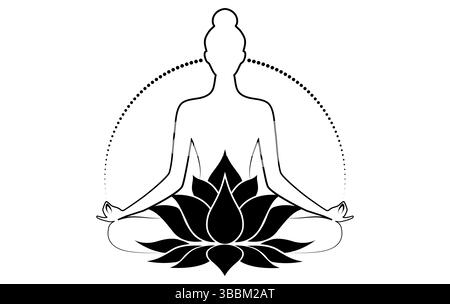 Frau, die in Lotusposition sitzt und meditiert. Heilige Lotusblüte, Logodesign. Blumenblüte Symbol von Yoga, Spa, Schönheitssalon, Kosmetik, Entspannen, Stock Vektor