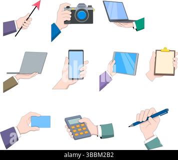 Vektor-Illustration Set von Cartoon-Händen, die verschiedene Gegenstände halten, einschließlich eines Stifts, Smartphones, Tablets, Laptops, Kameras, Zwischenablage, Pfeilzeiger, Kredit c Stock Vektor